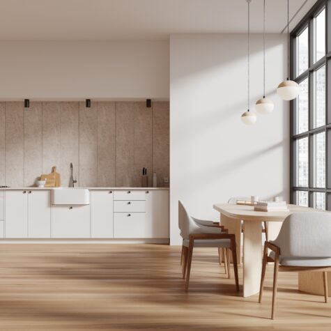 Interior,Of,Modern,Kitchen,With,White,And,Beige,Walls,,Wooden