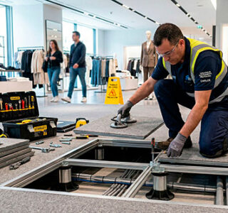 profesional reparando el suelo técnico de un local comercial