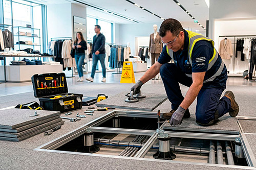 profesional reparando el suelo técnico de un local comercial